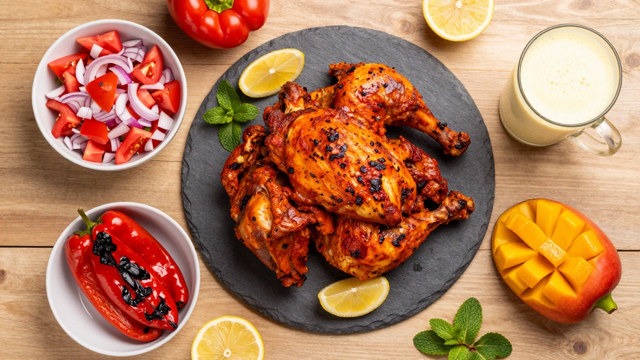 Tandoori chicken platter with salads, grilled veggies, and mango lassi