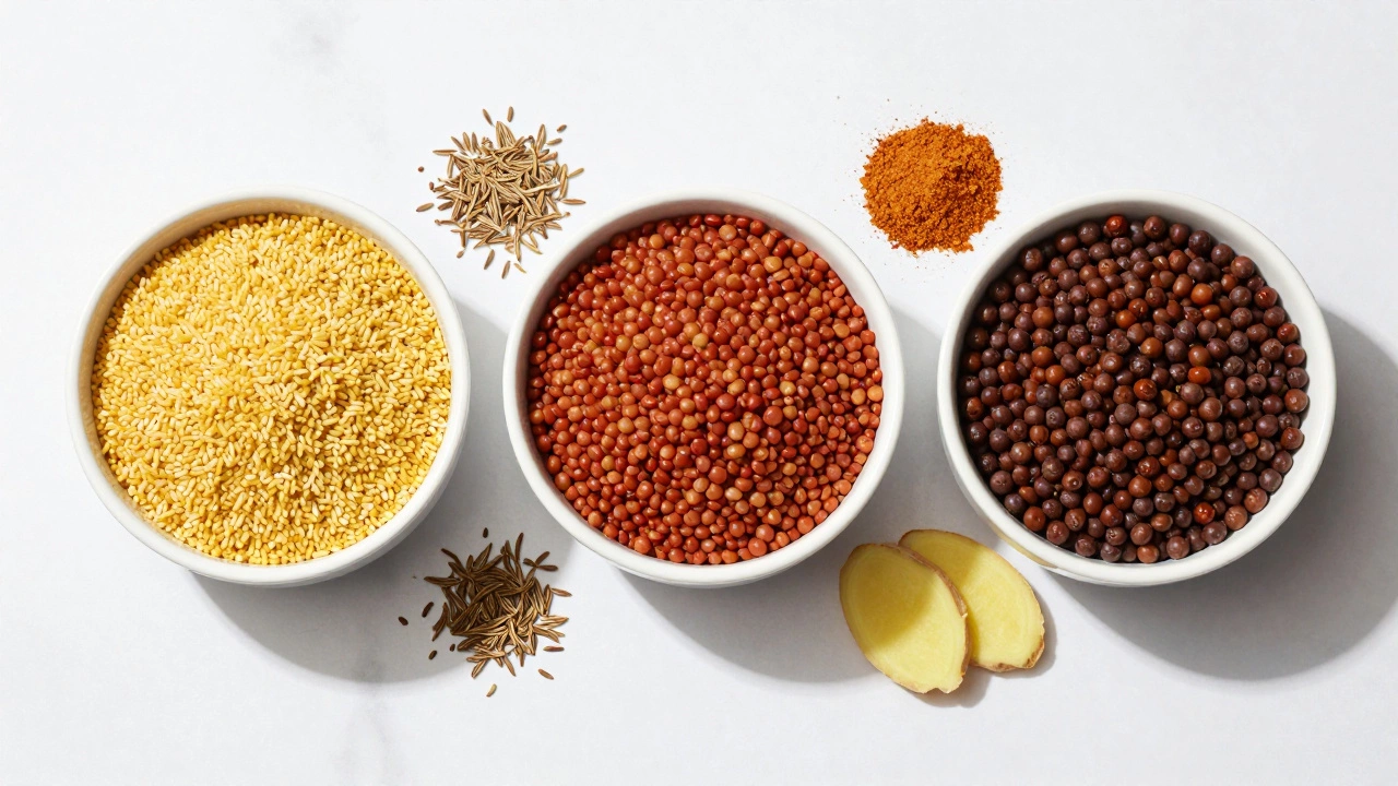 Three bowls of different lentils with spices on a white surface