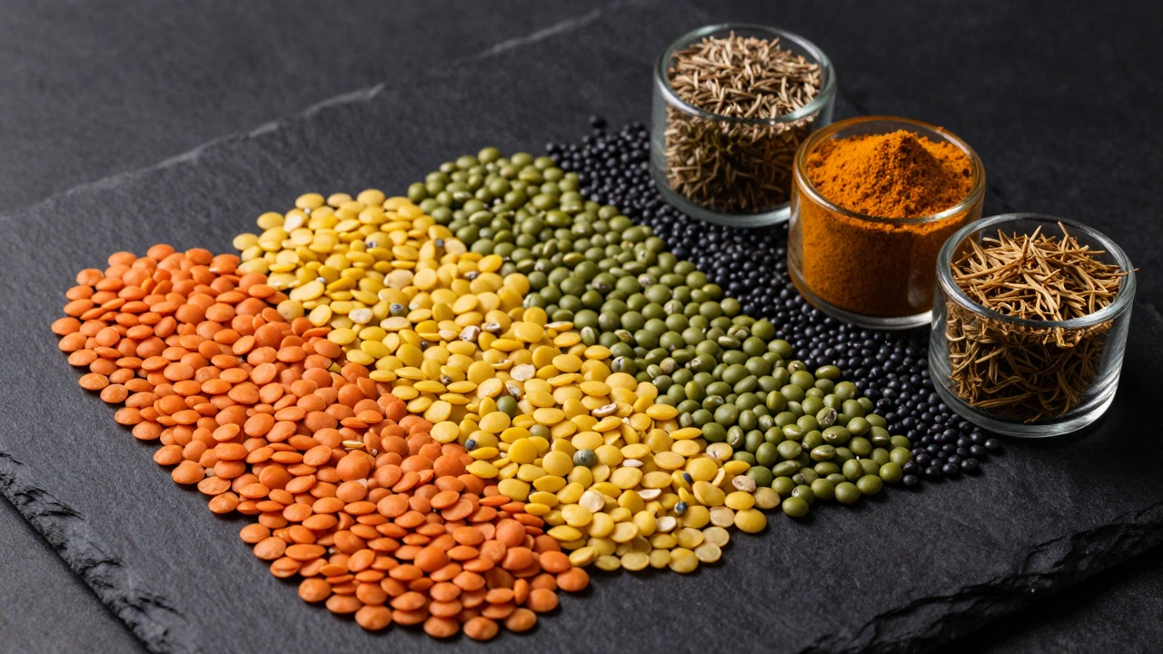 Variety of raw lentils and spices arranged on a dark slate surface