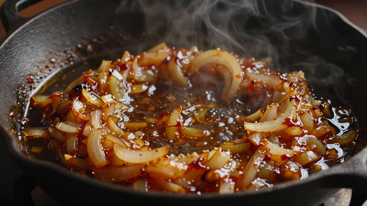 Blended onion paste frying in a pan, turning deep amber and red