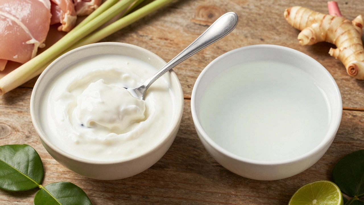 Bowl of thick coconut cream next to thin coconut milk