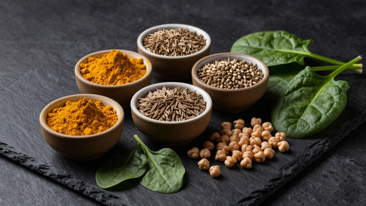 Bowl of turmeric, cumin, and fresh spinach leaves
