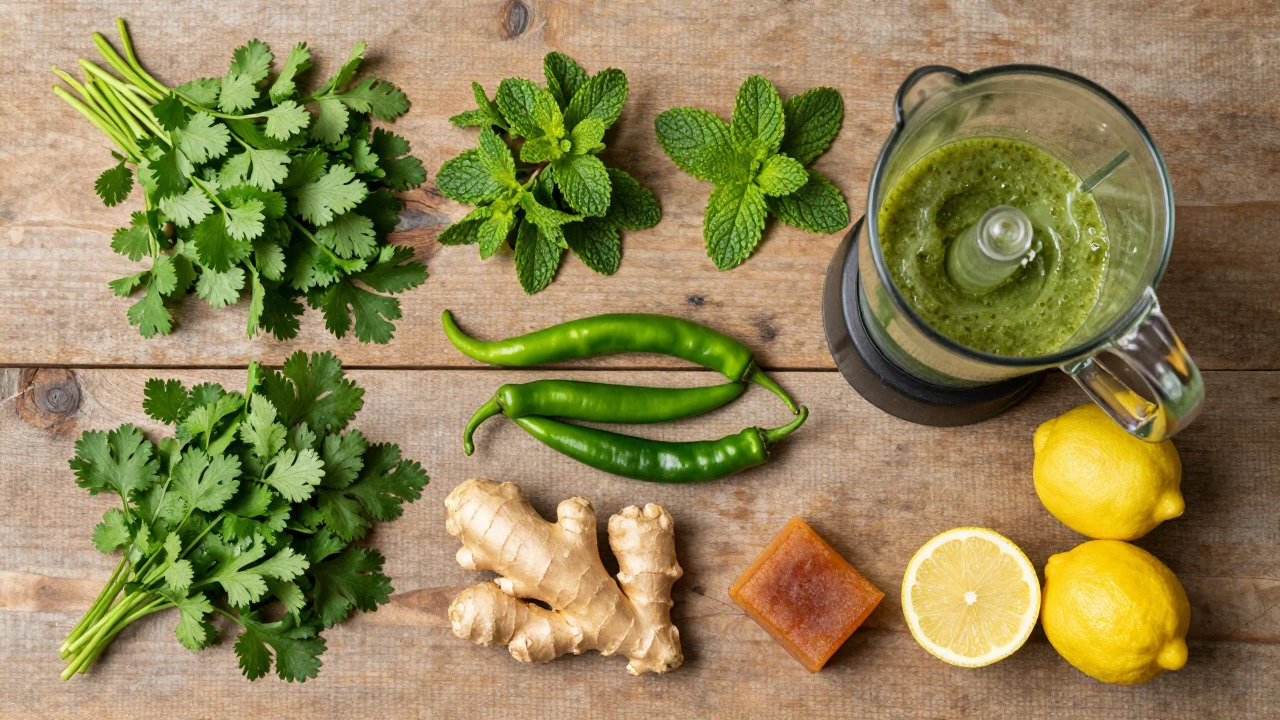 Fresh herbs and spices for making homemade chutney