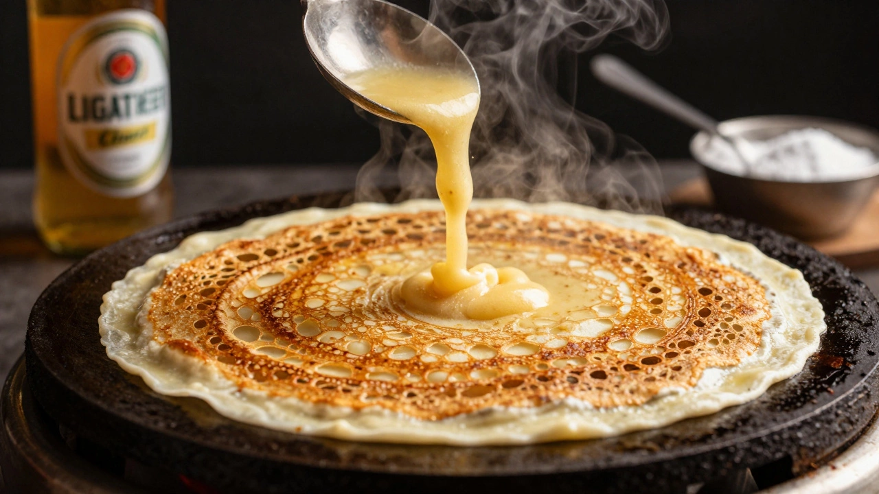 Golden crispy dosa spreading on a hot griddle with steam rising.
