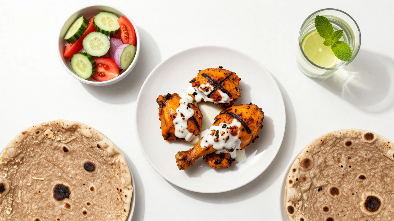 Healthy Indian meal with tandoori chicken and salad