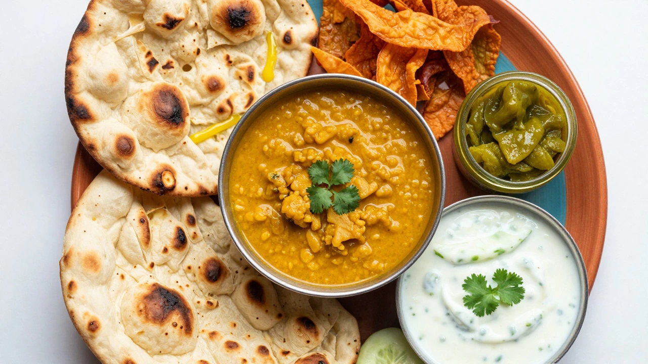 Indian thali with dal makhani, naan, papad, pickle, and raita