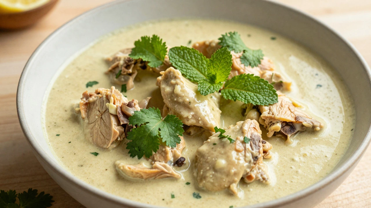 Plated chicken curry garnished with fresh cilantro and mint