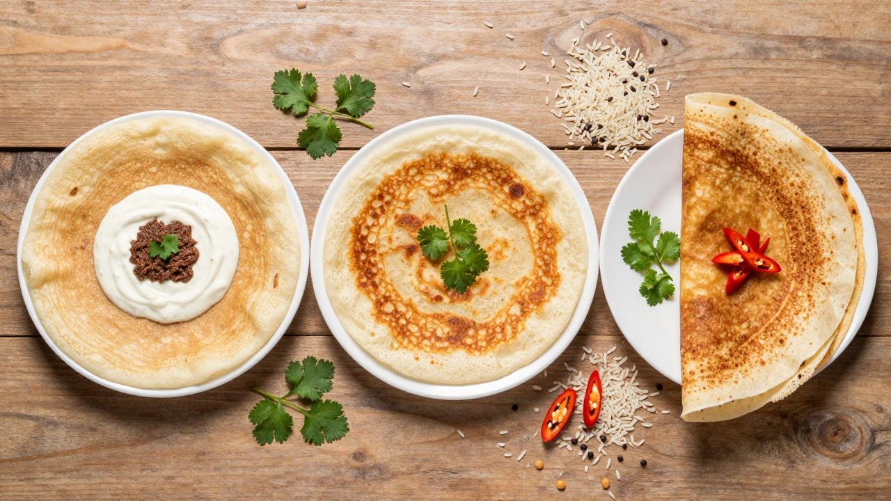 Three types of quick fermented dosas served with chutney on a wooden table.