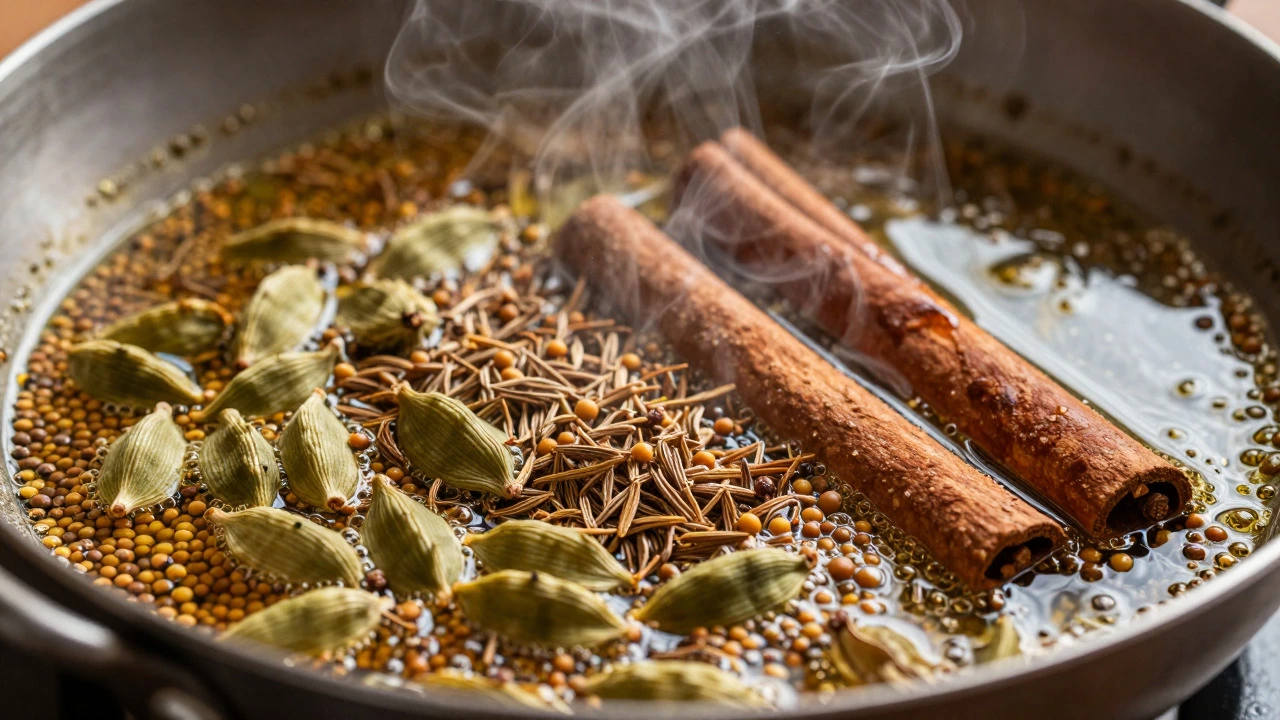 Whole spices blooming in hot oil in a traditional Indian wok