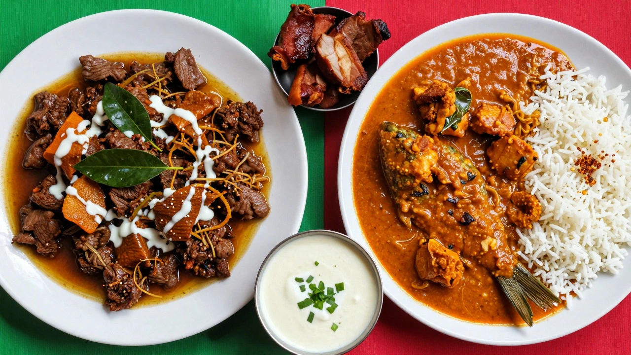 Assorted regional Indian meat dishes including beef and fish
