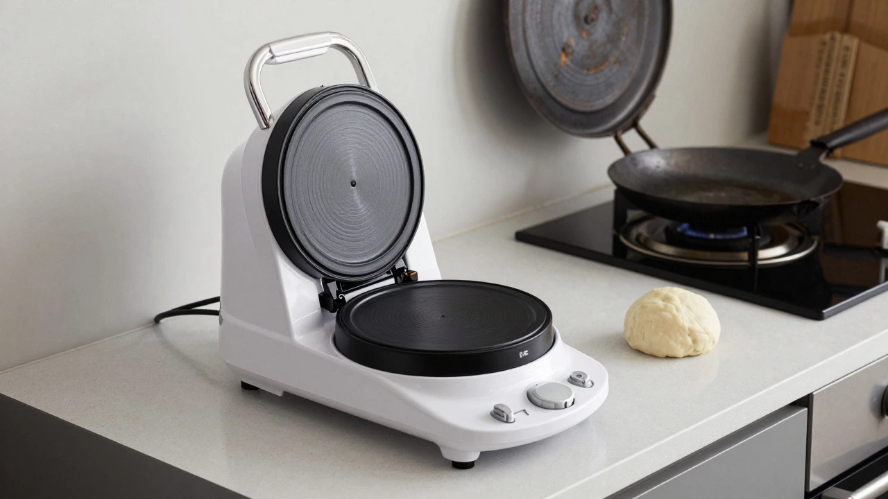 Bulky white roti maker taking up counter space next to a small hanging tawa