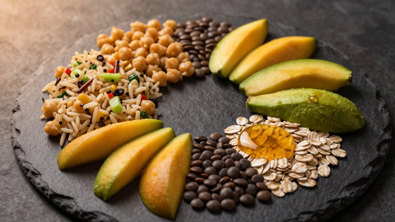 Circular arrangement of rice, lentils, mango, avocado, and oats on slate