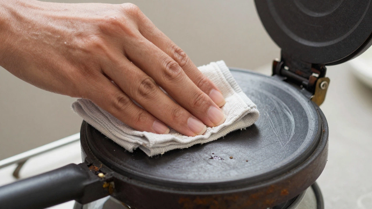 Close-up of hands cleaning scratched, sticky plates of a roti maker appliance