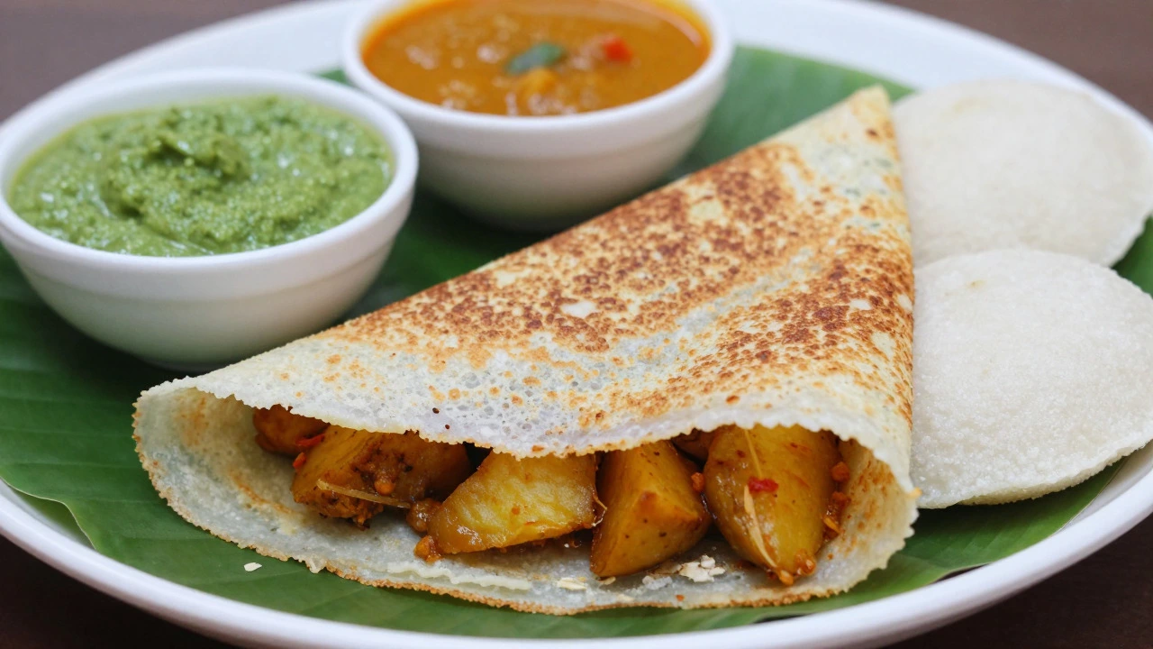 Crispy dosa and soft idlis served with coconut chutney and sambar