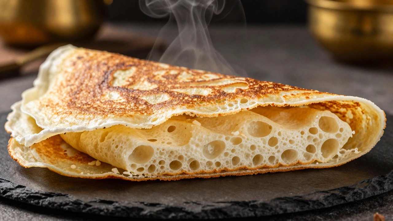 Cross-section of a crispy dosa showing its fluffy, airy interior texture