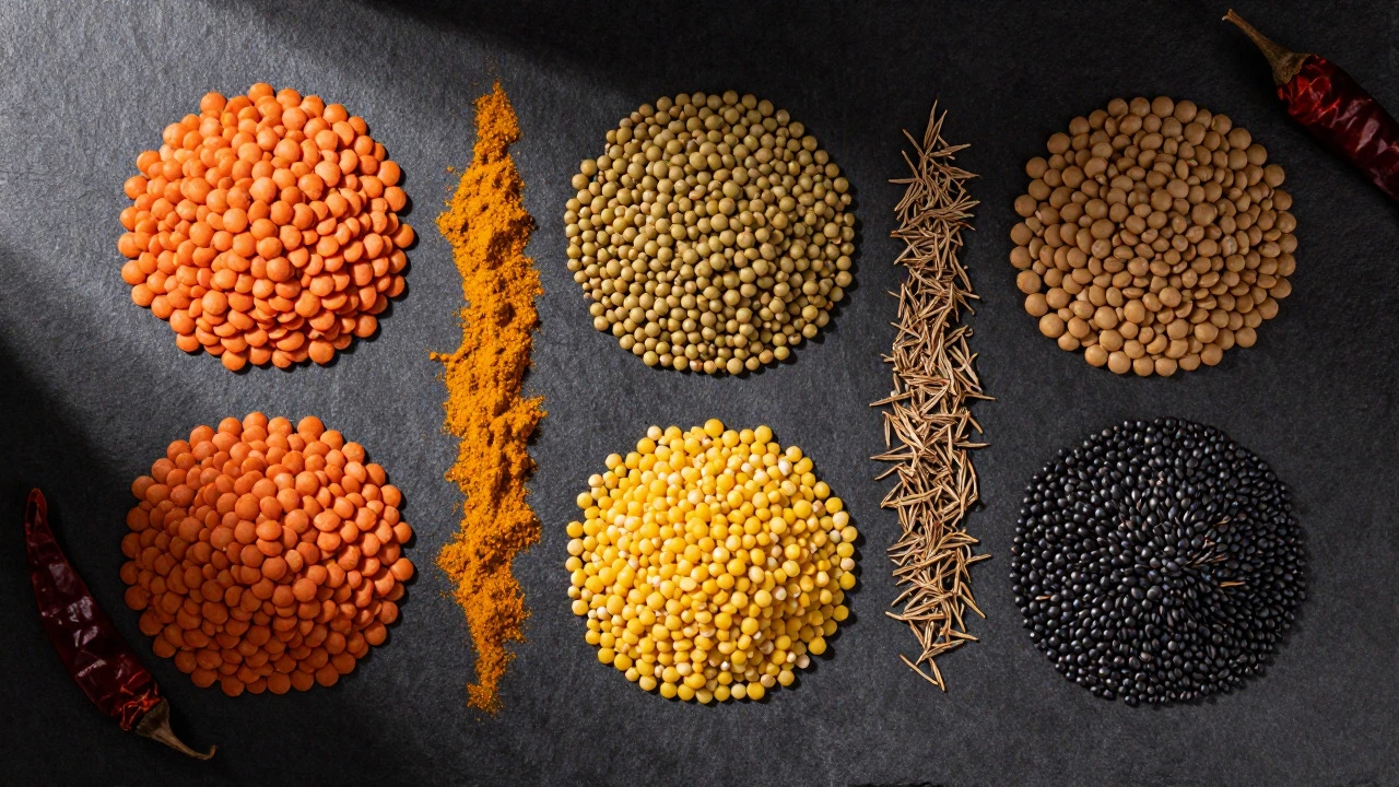 Flat lay of different Indian lentils and spices arranged on a dark slate surface