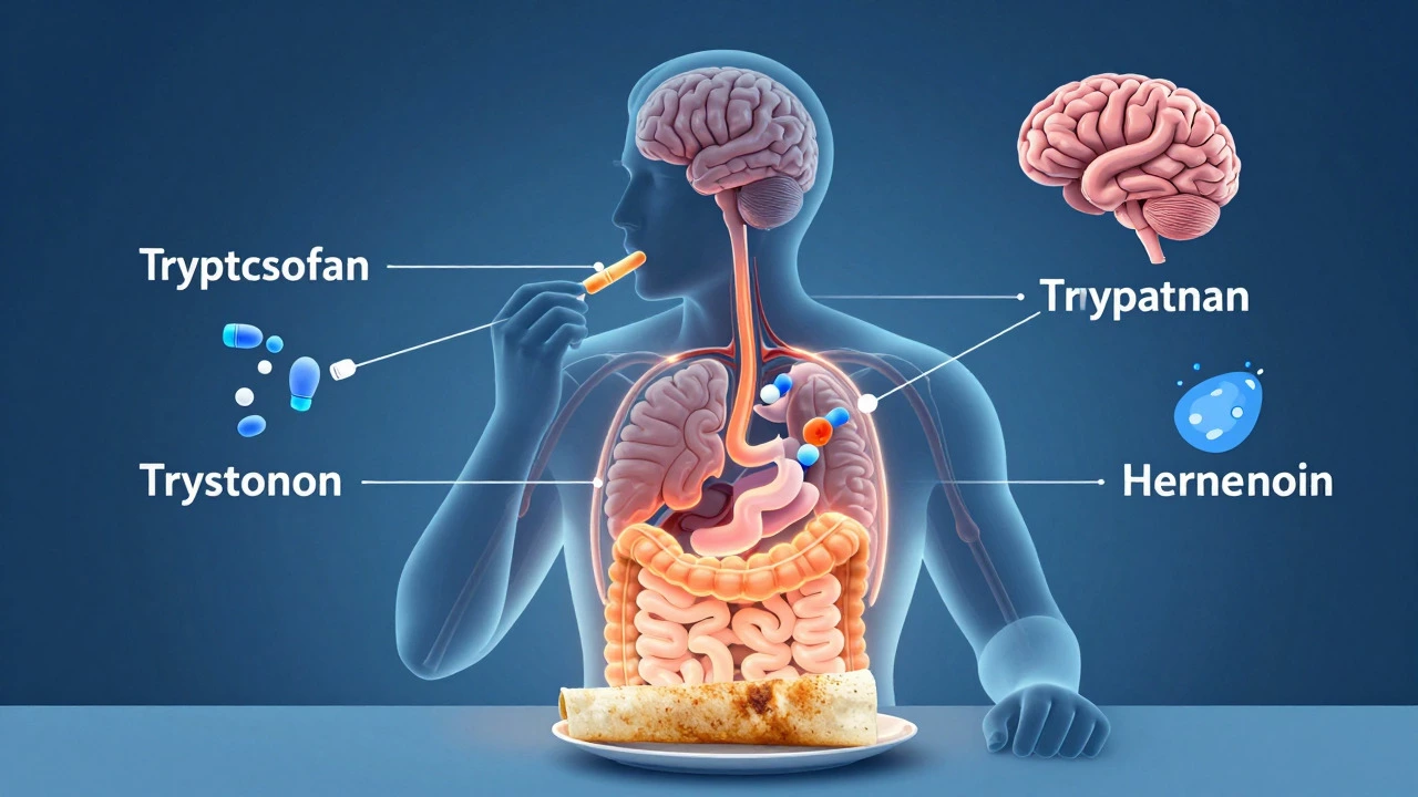 Illustration of blood sugar spike and insulin release causing drowsiness after eating carbs