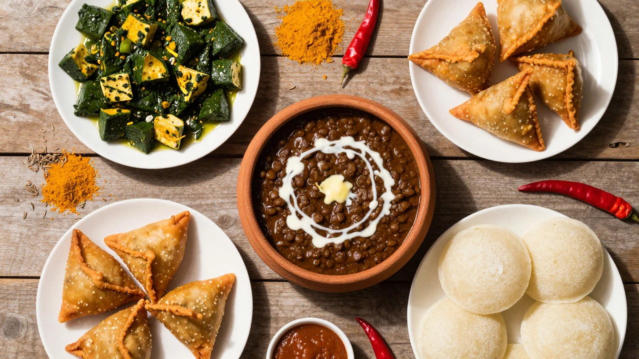 Overhead view of an Indian vegetarian spread including Dal Makhani, samosas, and palak paneer