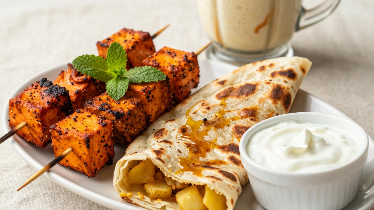 Paneer tikka skewers, stuffed paratha with curd, and banana smoothie