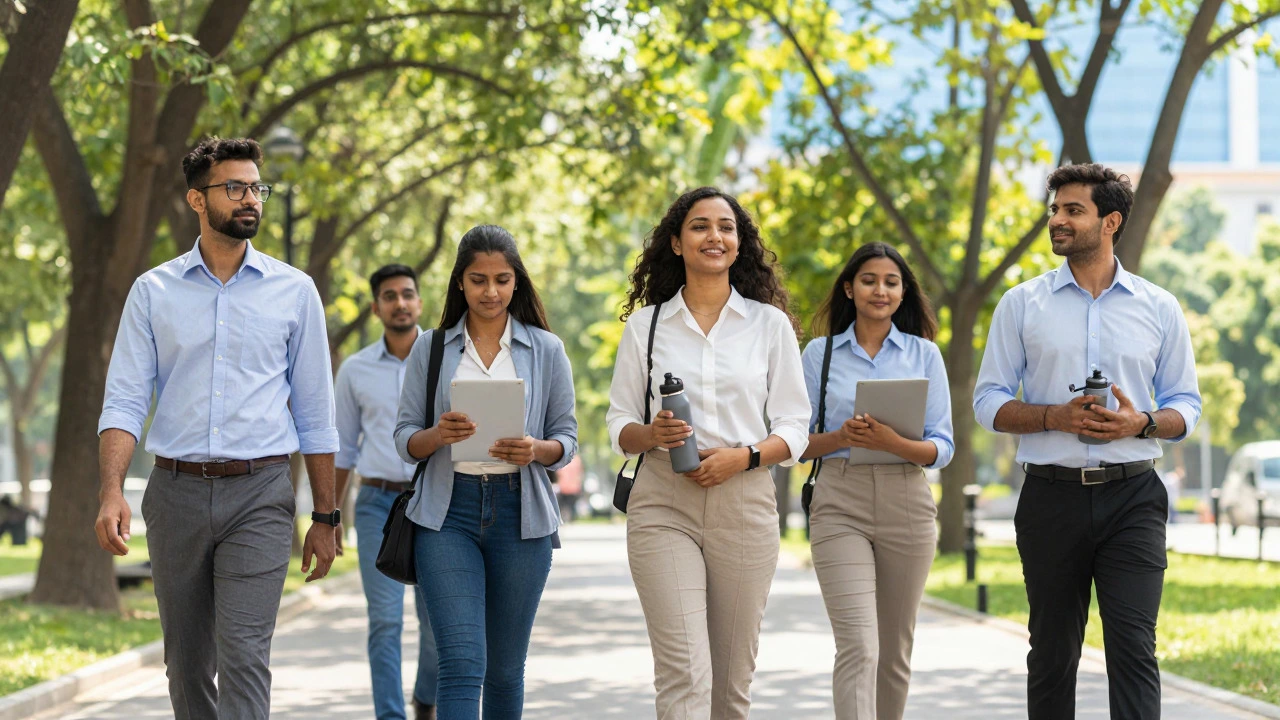 People walking outdoors after lunch to stay alert and manage energy levels