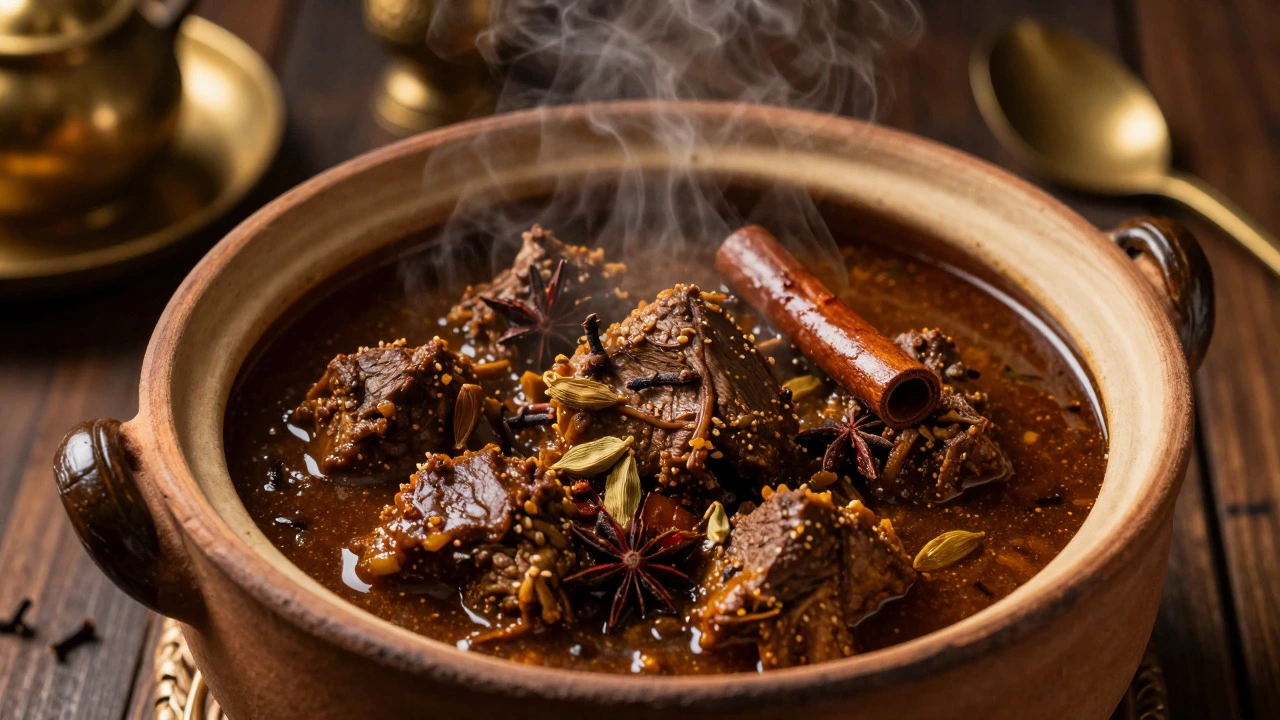 Simmering goat mutton curry with whole spices