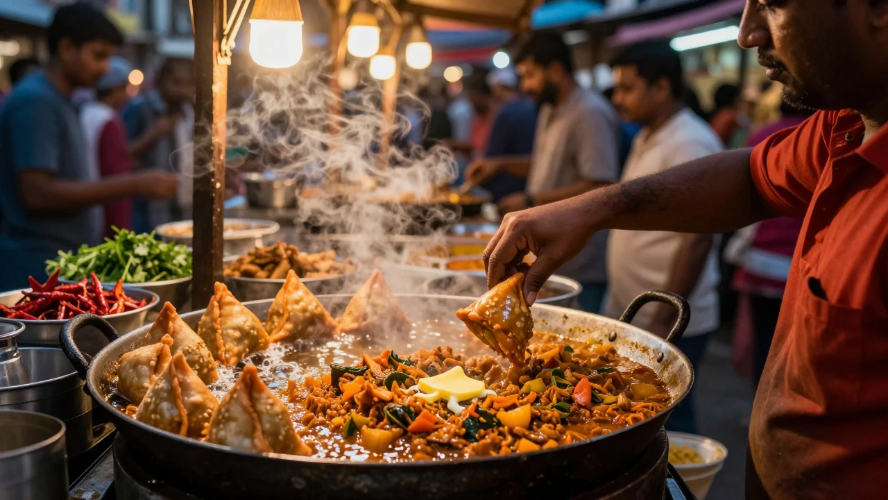 Street vendor frying samosas and cooking pav bhaji at an Indian market stall