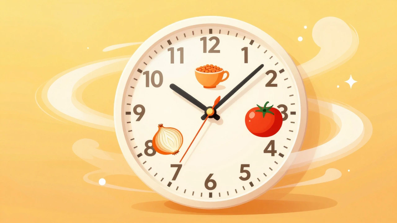 Stylized illustration of a clock made of lentils and vegetables representing quick cooking