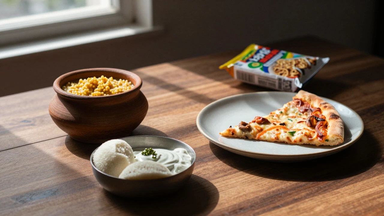 Table setting comparing traditional millet dishes with modern pizza and noodles