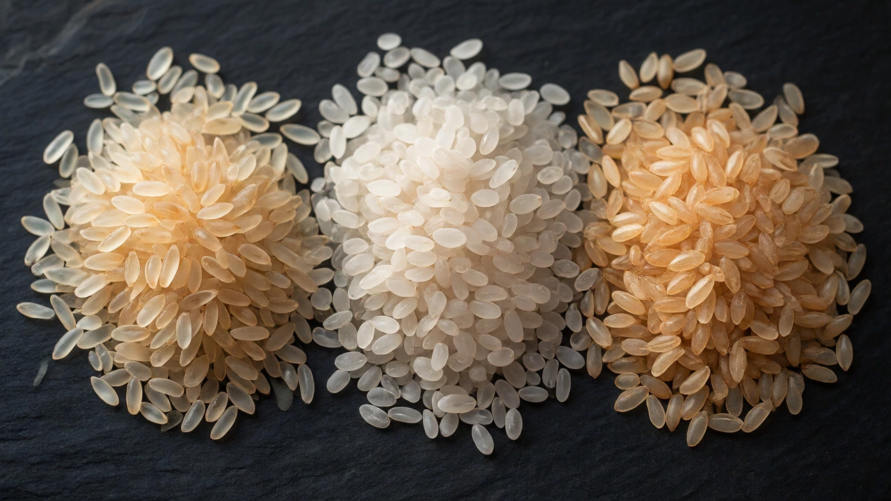 Close-up of Idli, Sona Masoori, and Brown rice grains