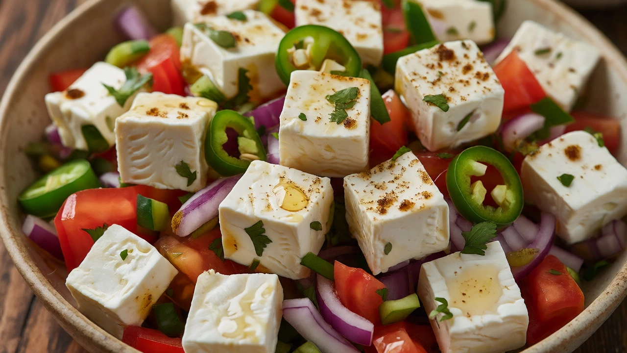 Colorful chaat salad with raw paneer cubes and vegetables