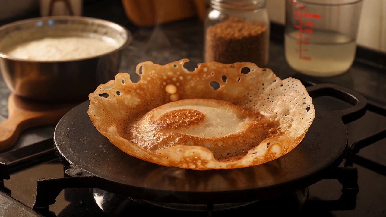 Crispy golden dosa cooking on a hot cast-iron tawa
