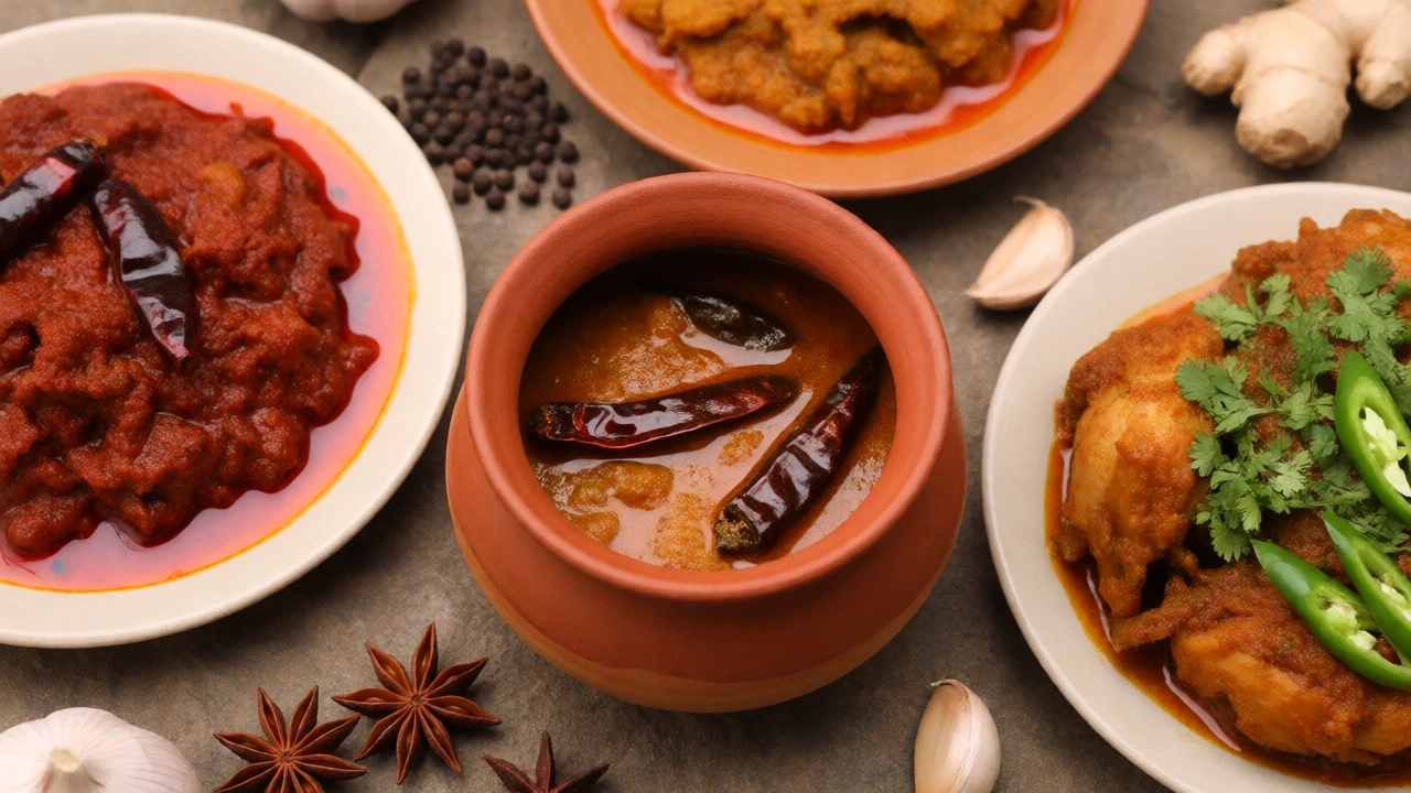 Flat lay of hot Indian curries including Naga and Laal Maas