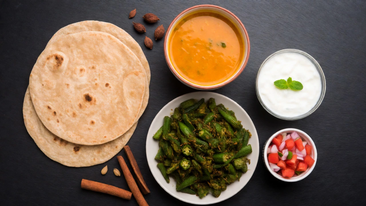 Flat lay of Indian meal components including roti, dal, sabzi, and salad.