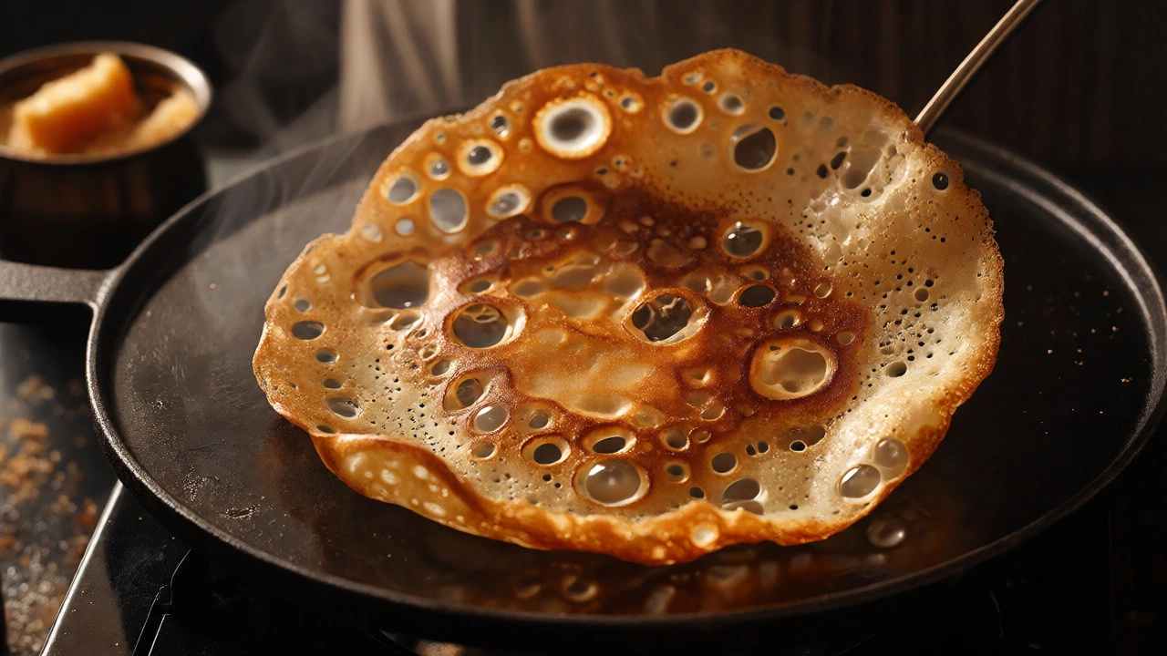 Golden crispy dosa being lifted from a hot griddle