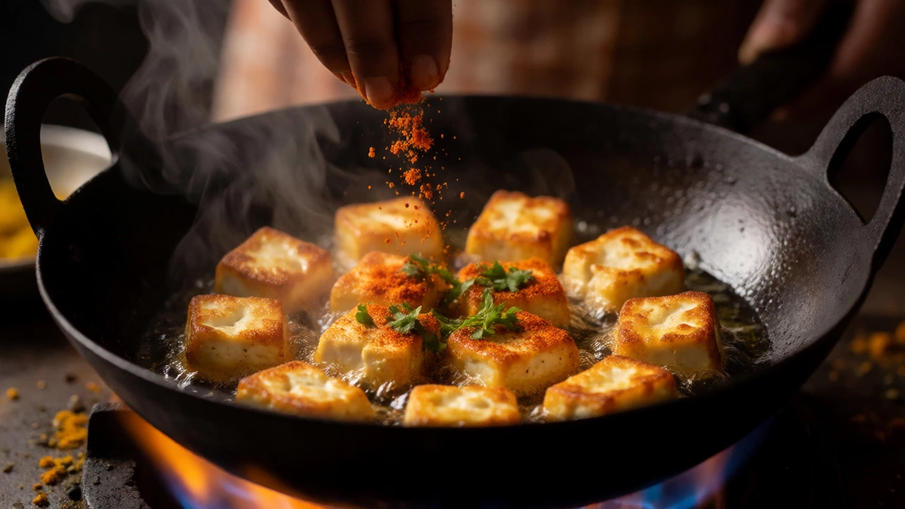 Golden paneer cubes frying in a wok with spices and steam