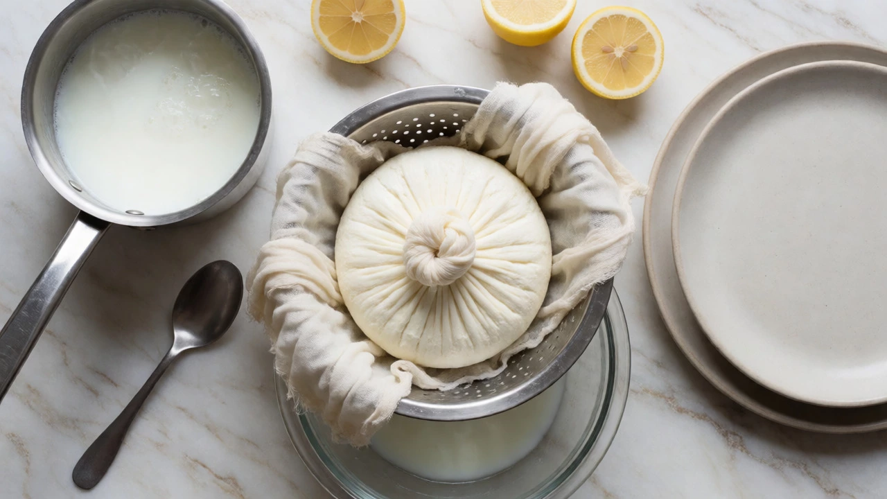 Homemade paneer making setup with muslin cloth and whey