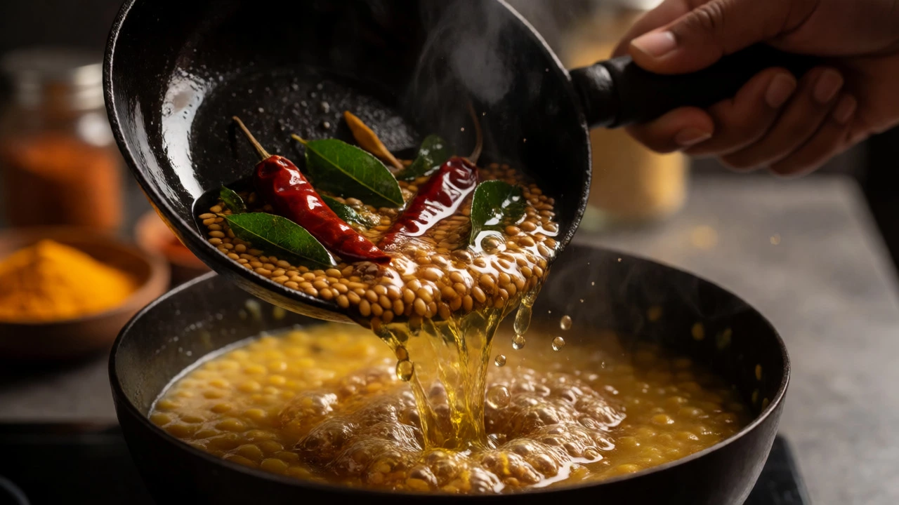 Hot ghee and spices being poured over lentil dal to create a tadka tempering.
