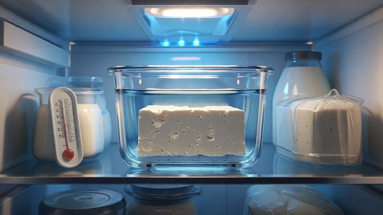 Paneer stored in water inside a refrigerator for freshness