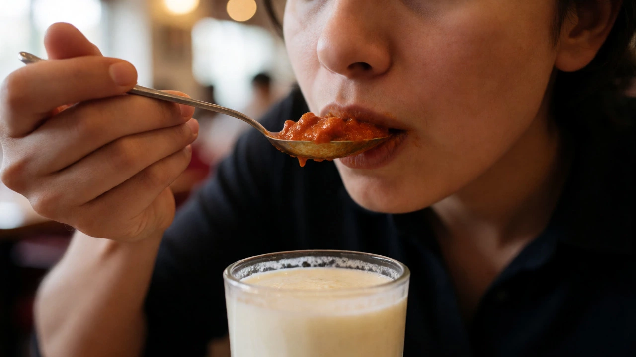Person reacting to spicy curry with lassi nearby