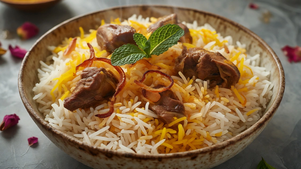 Saffron-topped Hyderabadi biryani in a deep bowl with mint and fried onion garnish.