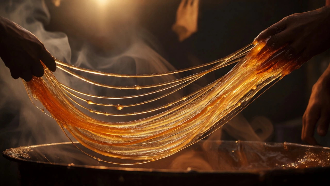 Vendor pulling hot jaggery syrup into thin sugar threads