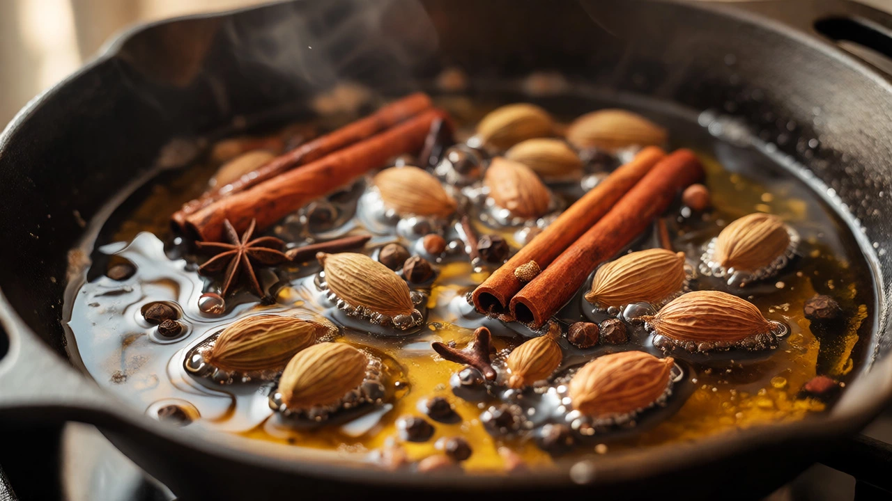 Whole spices blooming in hot ghee inside a cast-iron pan during cooking.