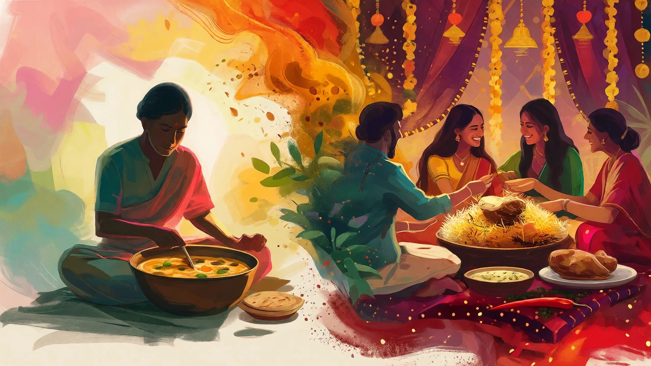 Artistic depiction contrasting vegetarian meals with festive meat feasts in India