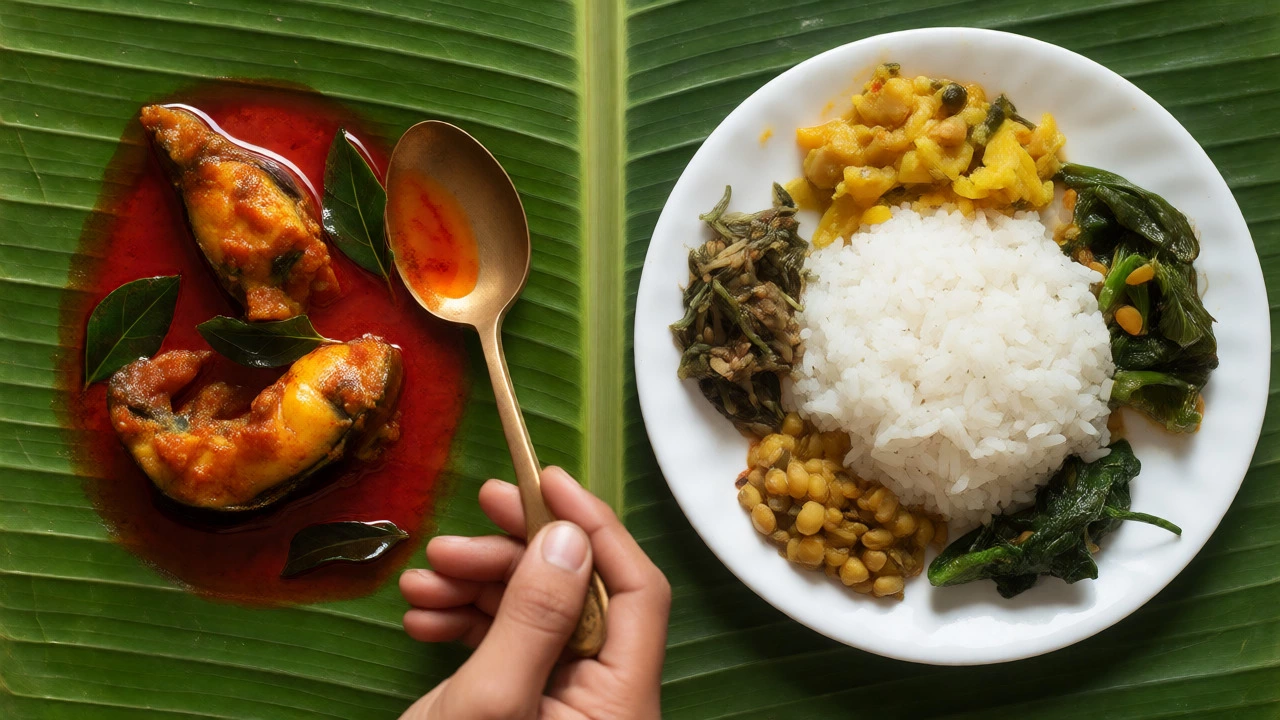 Banana leaf meal featuring fish curry alongside vegetarian dishes in Kerala style