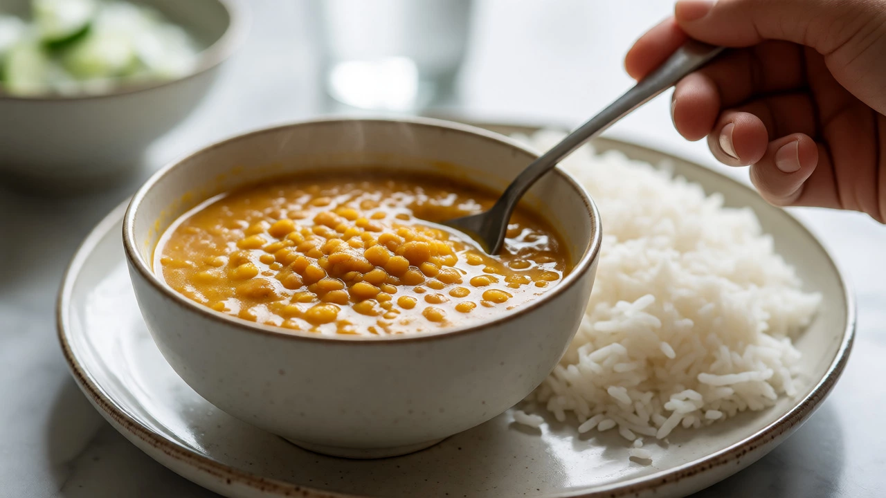 Bowl of cooked dal served with white rice and water