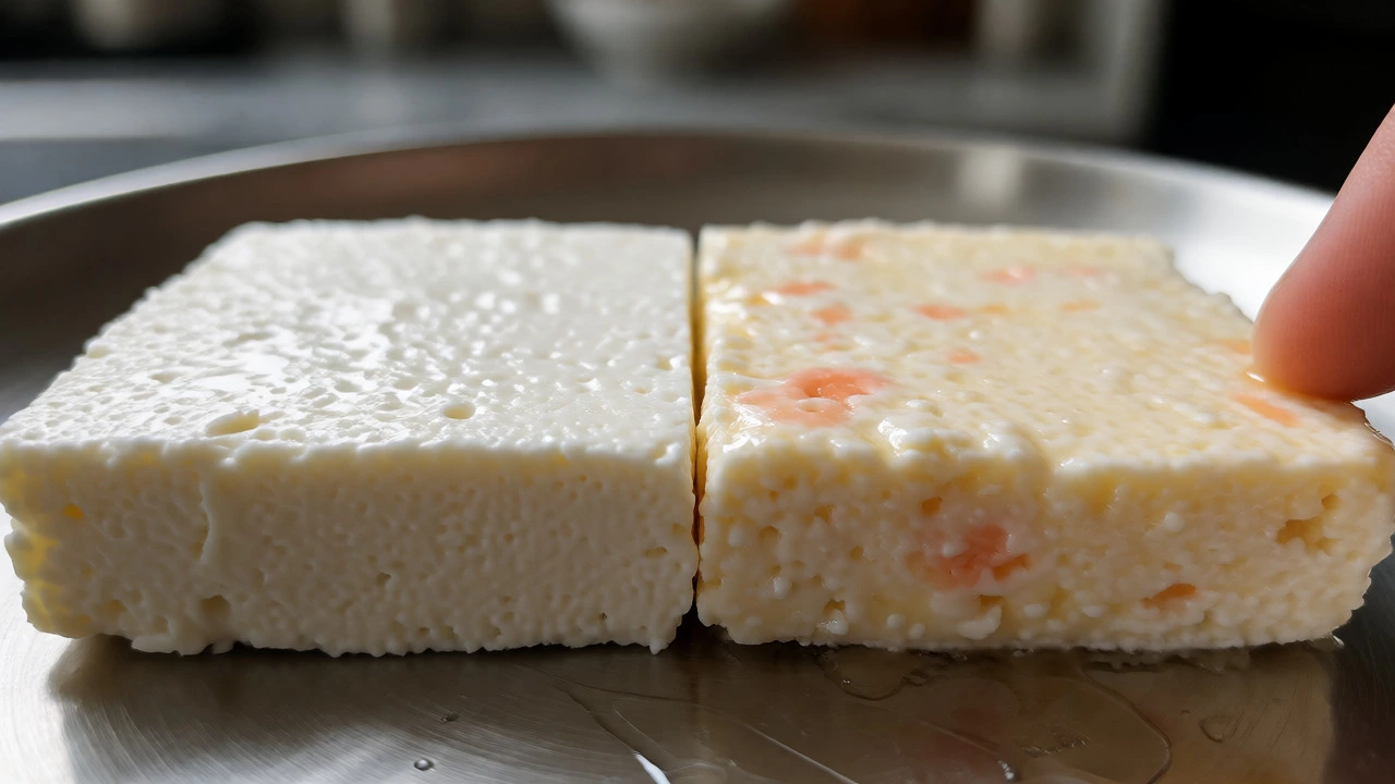 Comparison of fresh vs. slimy discolored paneer on a plate