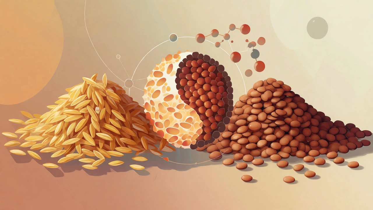 Conceptual art showing rice and lentils merging to form a complete protein