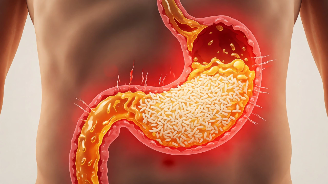 Conceptual illustration showing inflammation and digestion issues caused by heavy biryani consumption.
