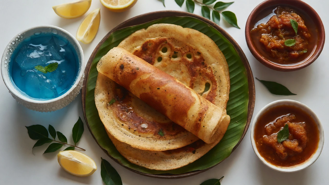 Crispy dosas served with cold mint chutney and warm tamarind chutney on a banana leaf