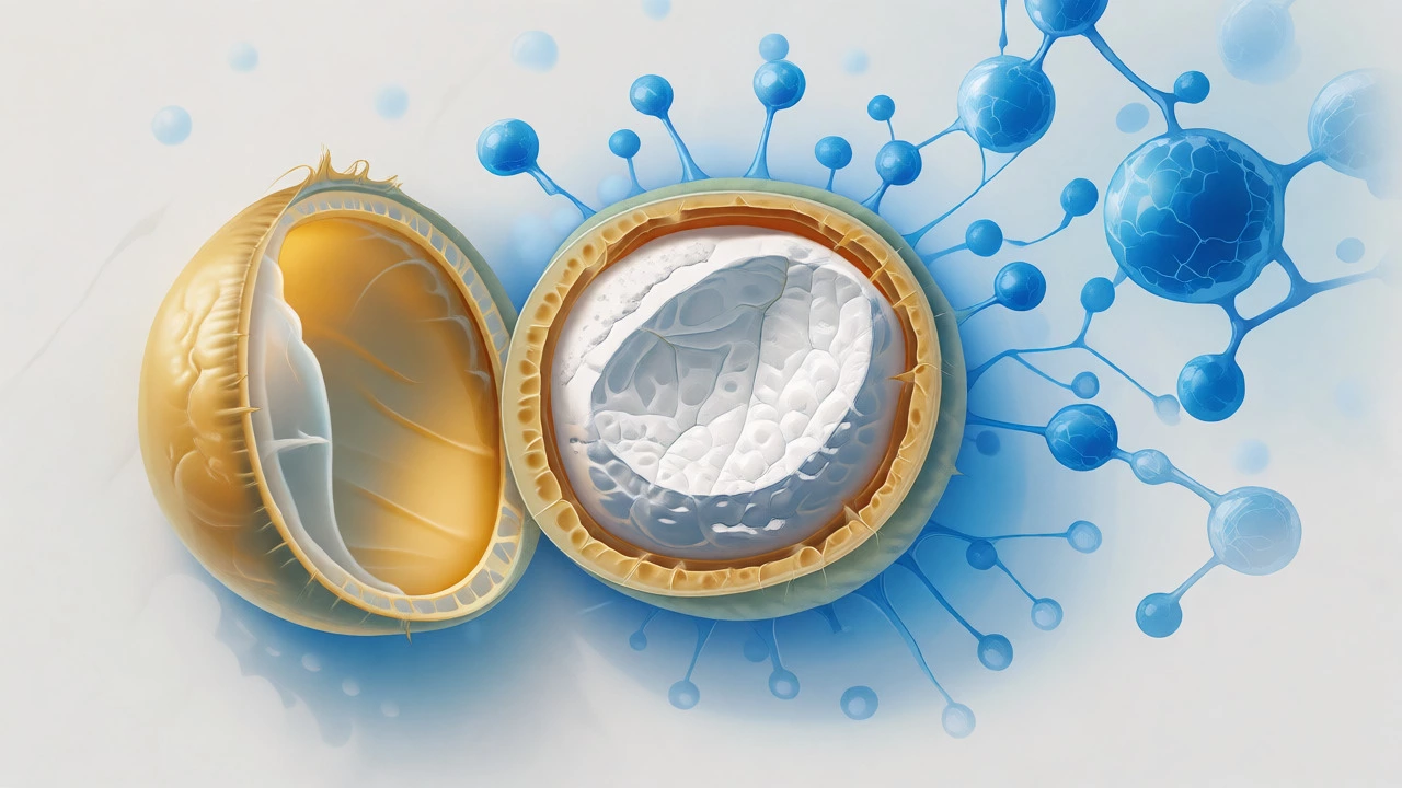 Cross-section illustration of a pea showing case-hardened skin and dry, chalky interior.
